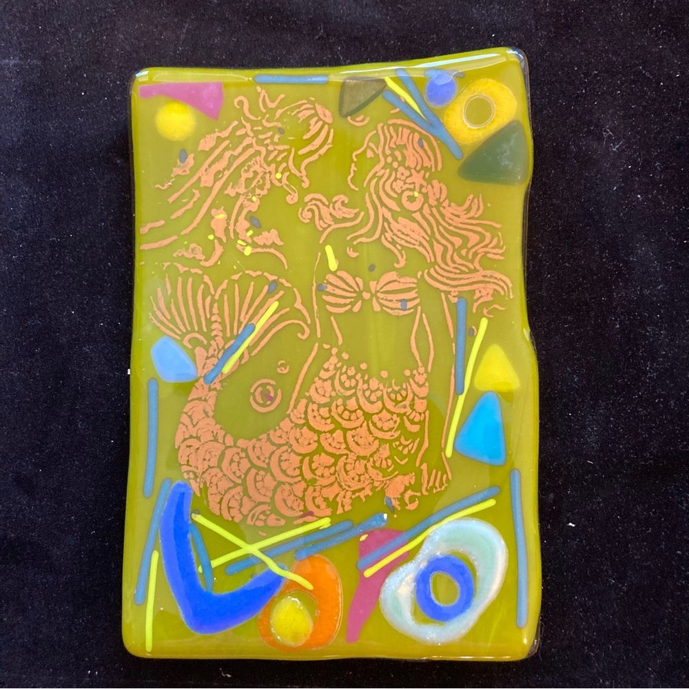 Mermaid Handmade Sea Green Glass Tray 7”x5” Original